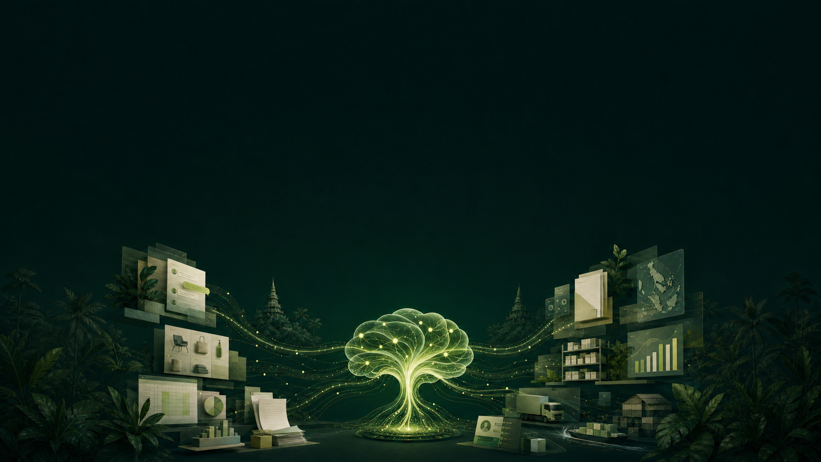 A luminous company brain connecting customer conversations, documents, sales data, inventory, and logistics into one intelligent business system.